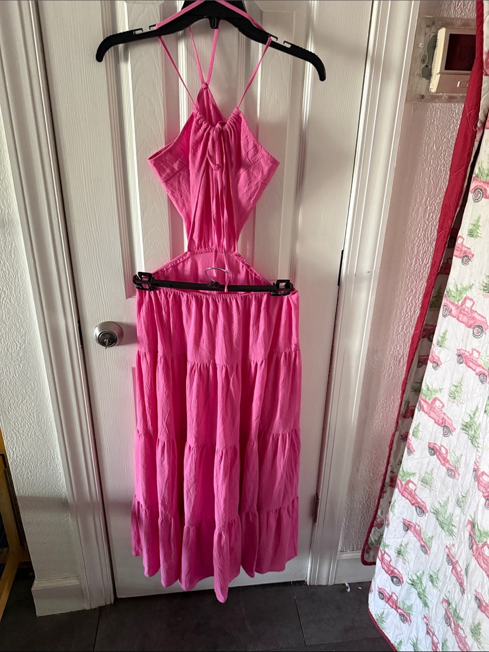 SHEIN Hot Pink Backless Halter Tiered Midi Dress - Picture 8 of 10
